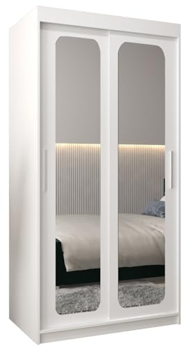 ABIKSMEBLE Promo 3 100 Armoire à Deux Portes Coulissantes pour Chambre à Coucher - Moderne Armoire de Rangement avec Miroir, Tringle et Étagères - 100x200x62 cm (L x H x P) - Blanc Mat