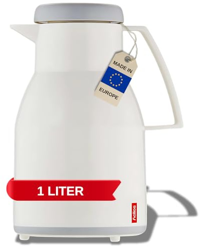 Helios Wash Thermoskanne Weiß 1L - 6h Heiß - Hält Getränke heiß & kalt – Spülmaschinenfest – Doppelwandiger Glaseinsatz