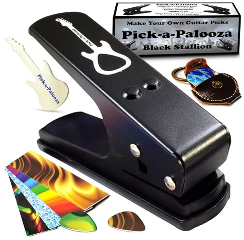 pick-a-palooza ® DIY Guitar Pick Punch – Die Premium Gitarre Plektrum-Hersteller und eine Leder Schlüsselanhänger Plektrum Halter Geschenkset schwarz