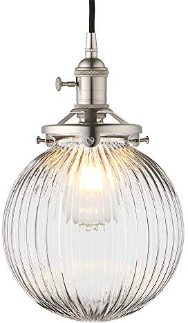 Pendelleuchte Hängelampe für Küche Esszimmer Schlafzimmer Bad Edelstahl | E27 vintage Deckenleuchte Kronleuchter Industrie innen Lampe mit Geriffelte Klarglas Lampenschirm Ø20CM