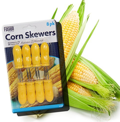 Yellow Corn Holders - 8 Skewers - Stainless Steel - Sweetcorn Grill Food Prongs - Kitchen BBQ
