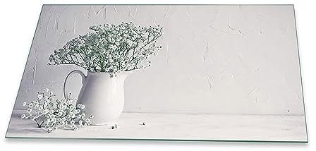 Herdabdeckplatte Abdeckung Ceranfeld Abdeckplatte Schneidebrett 1-Teilig 90x52 Blumen Weiss Spritzschutz Glasplatte Ceranfeldabdeckung Schutz Kochplatten Herdschutz Sicherheitsglas Glasschneidebrett