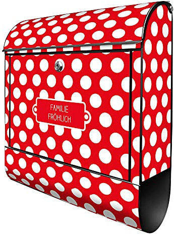 banjado Design Briefkasten personalisiert Punkte Rot 38,5x46,5x13cm & 2 Schlüssel - Briefkasten Stahl schwarz Zeitungsfach pulverbeschichtet - Postkasten A4 Einwurf inkl. Montagematerial