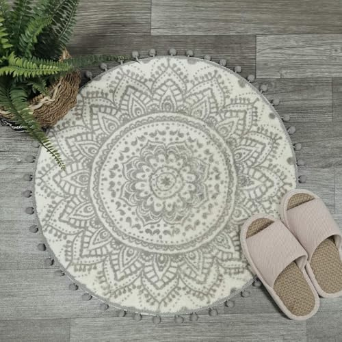 Uphome Runder, Kleiner Teppich, 60 cm mit schicker Bommelfranse, Boho-Stil, graues Mandala, Badezimmerteppich, weicher, Rutschfester Samt-Bodenüberwurf für Schlafzimmer, Wohnzimmer