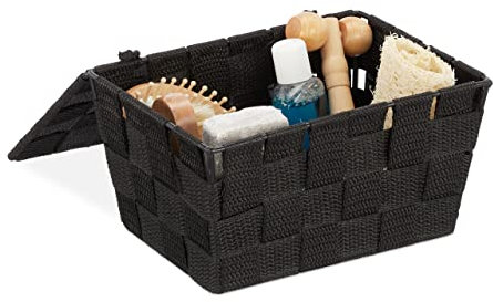 Relaxdays Aufbewahrungskorb mit Deckel, Flechtoptik, Bad Organizer HxBxT: 10,5 x 19,5 x 14,5 cm, Kunststoff, schwarz