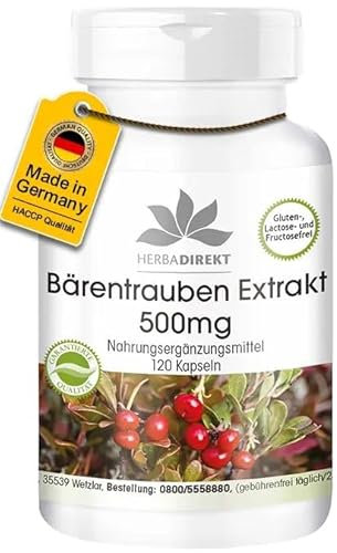 Bärentrauben Extrakt 500mg - 120 Kapseln Uva Ursi - standardisiert auf 20% Arbutin - Hochdosiert - Vegan | HERBADIREKT by Warnke Vitalstoffe - Deutsche Apothekenqualität