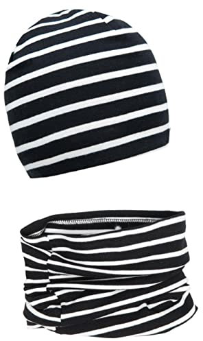 Baby Mädchen Beanie Mütze + Schlauchschal 2er Set, Wintermütze für Jungen Mädchen Baumwolle (53L und 49-53, Baumwolle Set: Schwarz Streifen)