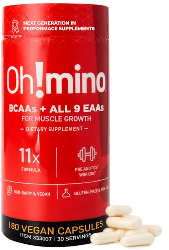 Oh!mino Essential Amino Acids Supplement, Caffeinated Capsules, All 9 EAAs, BCAAs, The Perfect Amino for Workouts, Amino Energy, and to Build Muscle, and Recover Faster