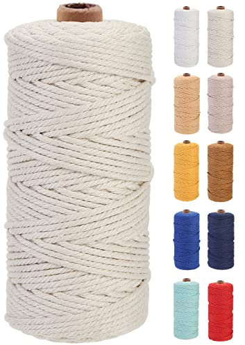 GOHOF Macrame Cord 3mm x 100m Premium Cotton Macrame Rope, 4 Strand Twisted Soft Cotton Cord, One of The Most Perfect Materials for Macrame Art, Cotton String Without Chemicals (Beige)