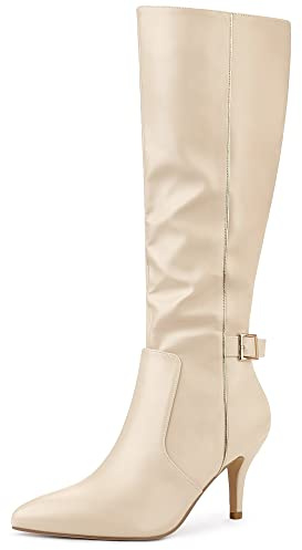 Allegra K Botas hasta la rodilla con tacón de aguja y cremallera lateral con decoración de hebilla y puntera en punta para mujer Beige 37.5