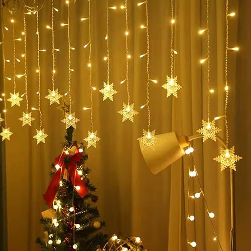Luces de Cortina,Guirnaldas luminosas,Cortina de Luces LED Decoración,138LEDs 4M Copos de Nieve Guirnalda,8 Modos Ajustables Guirnaldas Luminosas de Cortina para Bodas,Navidad,Interior y Exterior