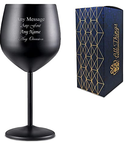 Personalised Engraved Metal Matte Black Wine Glass, Personalise with Any Message for Any Occasion, Stylize with a Variety of Fonts, Gift Box Included, Laser Engraved