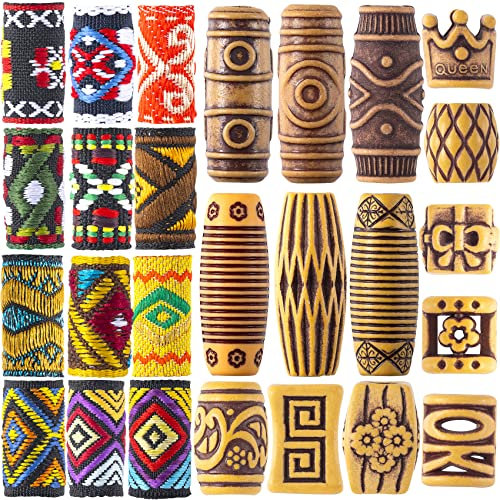 HINZIC 54 PCS Hair Jewelry Braids Fabric Dreadlock Beads Vintage Locks Hair Clips African Tube Beads Simulation Wood Dreadlock Accessories for Halloween Costume Christmas Women Men
