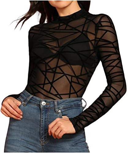 Onsoyours T-Shirt Femme Mesh Blouse Sexy Transparente Tops Moulant à Manches Longues Clubwear Haut Soirée Elastique Chemise Tulle Tee Shirt F Noir S