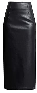 INGVY Jupes plissées longue jupe en cuir noir taille haute midi avec fente latérale fermeture éclair (couleur : noir, taille : L)