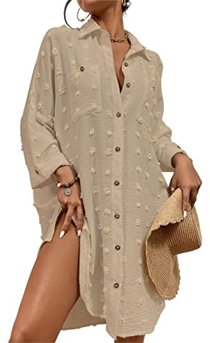 Bsubseach Strandklänning med knappar och veckade ärmar, dam, strandskjorta, sommarblus, chica, eleganta badkläder, One size