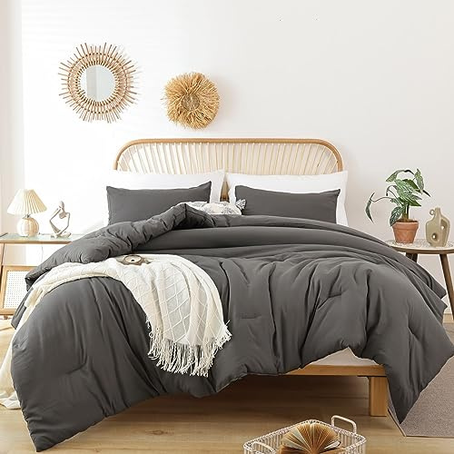 ROSGONIA Comforter Full Size for Girls Boys Teens Charcoal Grey, 3pcs(1 Dark Grey Comforter & 2 Pillowcases) Lightweight Dorm Bedding for All Season