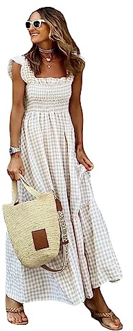 GARCAN Vestido Casual a Cuadros para Mujer Vestido Maxi Elástico con Cuello Halter a Cuadros De Collage Vestido Casual De Playa De Verano Vestido Midi Suelto con Botones Y Cuello,Off White,M