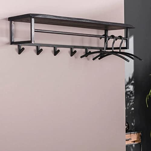 RINGO-Living Garderobe Holz & Metall in Schwarz, Gaderobenhakenleiste mit Regal & Kleiderstange Wandmontage, Wandregal Garderobe mit Ablage, Jacke Aufhänger Flurgadarobe, Wandgarderobe mit Ablage