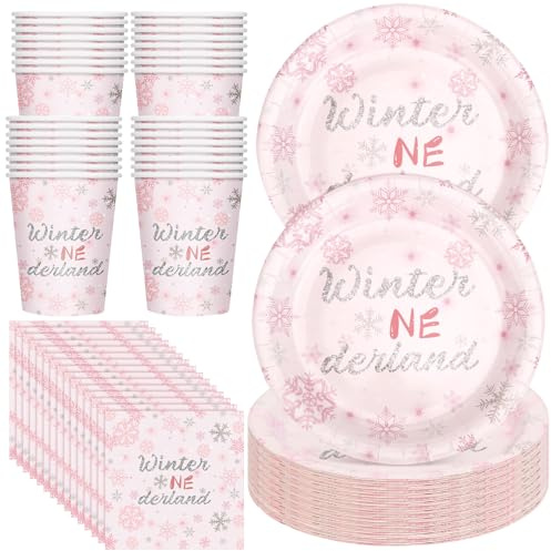 Hushee 200 Pcs Winter Onederland Party Supplies Set Winter Onederland Party Plates Serves for 50 Snowflake 1st Birthday Decoration Disposable Tableware for Wedding Birthday Party(Pink)