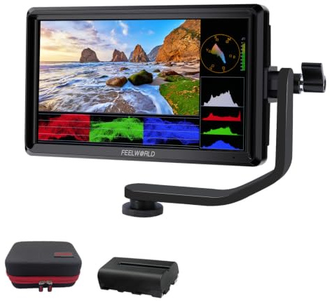 FEELWORLD S55 V3 6 Inch DSLR Camera Field Monitor Bundle - FHD IPS Screen, 4K HDMI in/Out, Tilt Arm, Power Output, Battery & Carry Case Included | Support 3D LUT Waveform,Ease of use,Compact size light weight,help photographers exporsure and monitor accurately