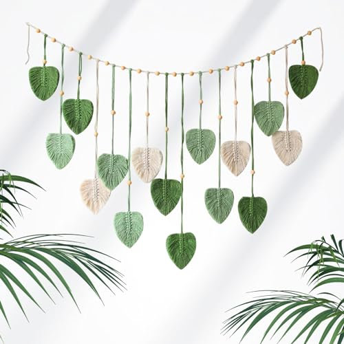 Macrame da Parete in Macramè, Arazzo da Parete Tessuto a Mano in Bohémien, Foglia Arte, Fili di Cotone Intrecciati, Decorazione della Parete per Camera da Letto Soggiorno Sfondo, 120*75CM (Vert)