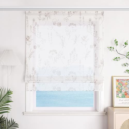 ESLIR Raffrollo mit Klettband Transparente Gardinen Küche Raffgardinen Landhaus Bändchenrollo Weiß Vorhänge Wohnzimmer Beige BxH 60x140cm 1 Stück