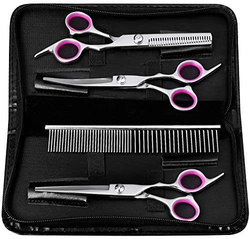 Adiwo Hundeschere Set,4 Teile Edelstahl Haustier Trimmer Kit Pfotenschere Haustierschere Mit Schneideschere Ausdünnungsschere, gebogener Schere und Pflegekamm für Hundekatzen und mehr Haustiere