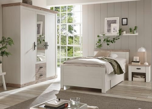 Schlafzimmer komplett Set in weiß Pinie und Oslo Pinie Landhaus Komplettzimmer mit Bett, Kleiderschrank und Nachttisch im Landhaus Stil Kindermöbel Kinderzimmer Rovola (Set 3 + Bettschubkasten)