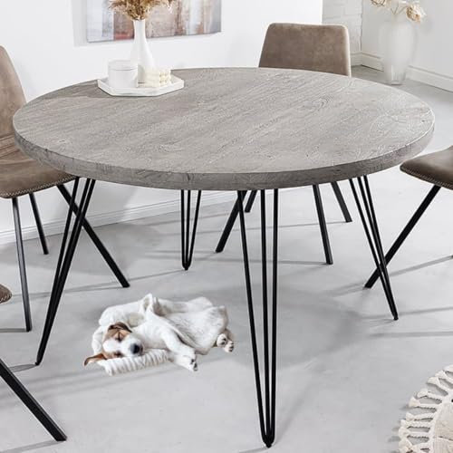 LEBENSwohnART Industrie-Look Esstisch Alina rund 80cm grau Mango-Holz Hairpin Metallbeine schwarz