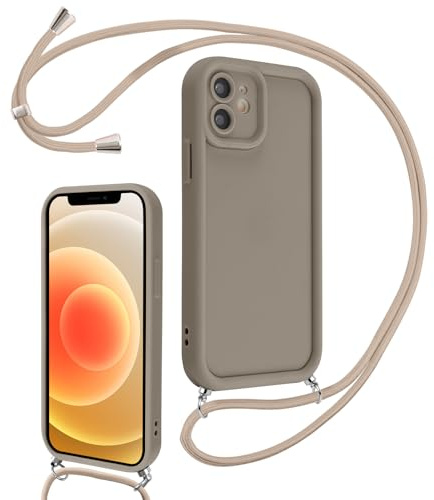 Coalbooliy Handyband für iPhone 12 mini Hülle 5,4 mit Band, Handyhülle Kameraschutz Weiches Silikon Necklace Stoßfeste Schutzhülle mit Kordel zum Umhängen Cover für Mädchen Frauen, Khaki