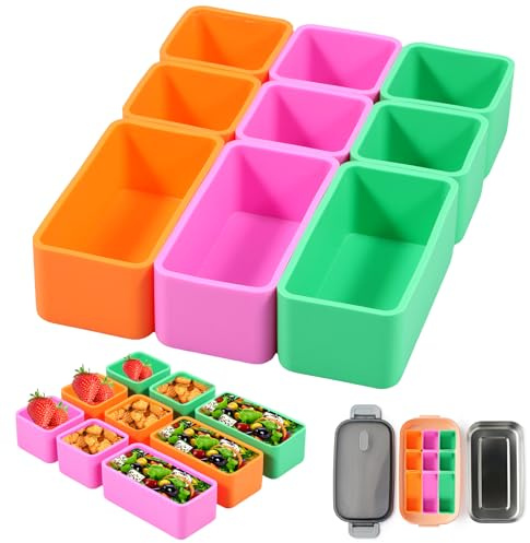 Foribyw 9Pcs Silicone Lunch Bento Box Divider, Square/Rectangle Bento Baking Cups, Temperature Resistant Bento Box Food Divider Insert for Kids Office School (Square+Rectangle)