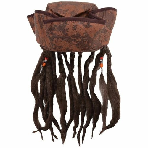 jokeshop Pirate Hat With Hair Caribbean Pirate Jack Hat With Dreadlocks & Beads Mens Ladies Pirates Party Plush Sparrow Fancy Dress Accessory