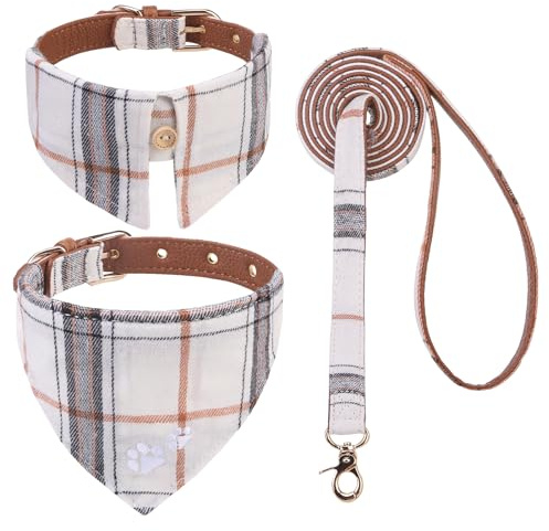 EXPAWLORER Hundehalsband und Leine, Set mit Stickerei, Pfotenabdrücke, kariert, Hundeleine und Halsband, niedliches Hunde-Halstuch, Hundehalsband für kleine, mittelgroße Mädchen, Jungen, Hunde,