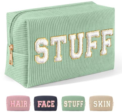 MAGEFY Chenille Letter Kleine Make up Tasche für Handtasche, Cord Kosmetiktasche mit Fächern Cord Schminktasche Reise Make up Tasche für Mädchen Frauen, Grün-Stuff