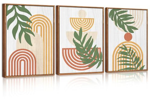 CHDITB 3PCS Grüne Boho Pflanzen Wandbilder,3D Blätter Pflanzen Rahmen Wanddeko,Boho Abstrakte Geometrische Linien Wandkunst,Sonne Mond Pflanze Berg Dekoration Für Wohnzimmer Schlafzimmer Deko(30x40cm)