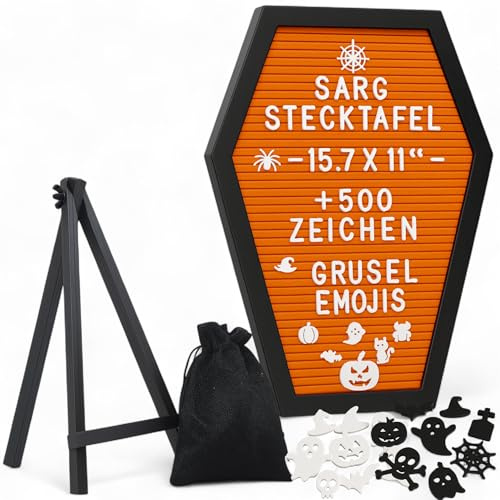 MIJOMA Sarg Stecktafel Buchstabentafel mit über 500 Zeichen, gruseligen Emojis und Holzständer - 40x28.5 cm - Gothik Letterboard Halloween-Deko, gruseliges Halloweengeschenk (Orange)