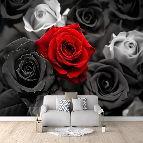 Non Self Adhesive Wall Mural Flower Red Rose Printed Wallpaper in Strips, Requires Glue 138 x 101/350 x 256 cm(WxH) Large Decorative Photo Mural for Home Interior Black and White