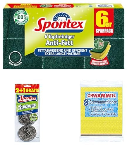 Spontex Scheuer-Set aus Topfreiniger Anti-Fett x6 + Spirinett Edelstahlspiralen x3 + Schwammtex Schwammtuch x8