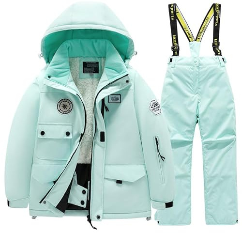 SUYUKU Traje de Nieve para Niños 2 Piezas Invierno Niña Niño Traje de Nieve Abrigo con Capucha de Moda Pantalones de Peto Cálidos Niños Niña Trajes de Esquí Impermeables Felpa Térmica Exterior Traje