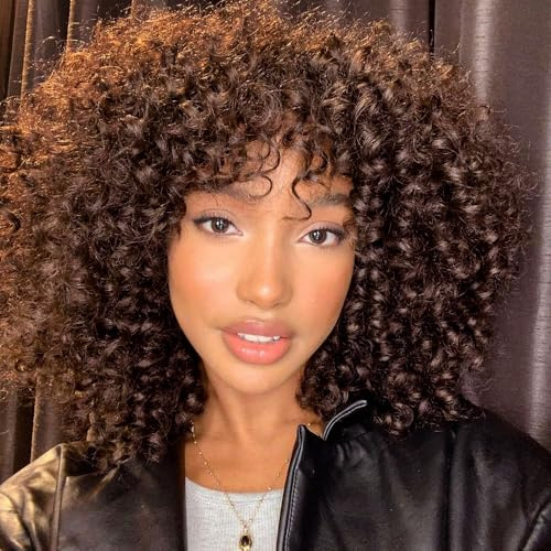 ColourfulPanda Afro Perücke Braun Synthetische Brasilianisches Verworrene Lockige Natürliche Haar für Frauen, Kinky Curly mit Pony kurze Perücken für Schwarze Damen (Dunkelbraun)