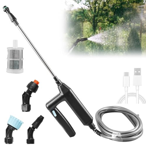 Elektrischer Pflanzensprüher, Akku Drucksprüher Wiederaufladbarem und Tragbarer Sprühstab mit 23,6-Zoll-Teleskopstab 5m Schlauch & 3 Düsen Gartensprüher für Garten,Terrasse,Rasen und Unkraut