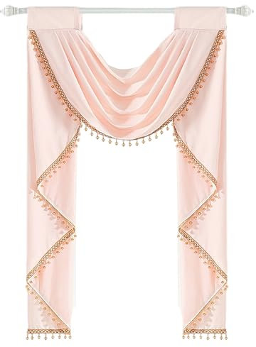 Rosafarbener Wasserfall-Volant mit Perlen, luxuriöser Querbehang, elegante Fensterpaneele für Wohnzimmer, Dekoration, ideal für Hochzeit, Party, 89 x 124 cm