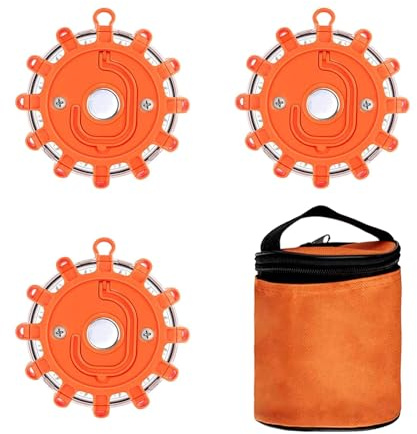 LED Road Flares 3Pcs Flashing Emergency Warning Light Car Safety Beacon | with 9 Flash Modes for Cars Breakdown Assistance Hazards SOS Flashing Disc Beacon with Bag, for Car Roadside Emergency