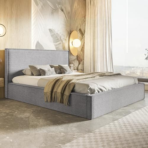 MOTIVENA Boho Bett 120x200 Grau Cord, mit Stauraum, mit Kopfteil, mit Lattenrost, ohne Füße, ohne Matratze, Polsterbett 120x200 mit Bettkasten Grau (Hellgrau)