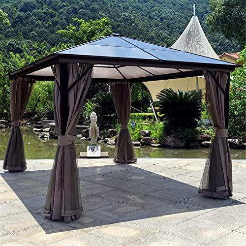 Tonnelle de terrasse en aluminium avec toit en polycarbonate et rideaux en maille 3 m x 3 m Tente de fête extérieure et abri