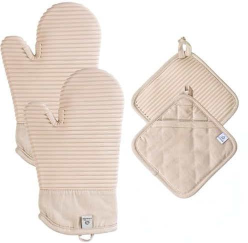 Extra Long Silicone Oven Mitts and Pot Holders Sets | Heat Resistant 500°F BPA-Free Food Grade Silicone Hot Pads & Kitchen Mittens | 4-Piece Set of Oven Gloves & Potholders for Kitchens.