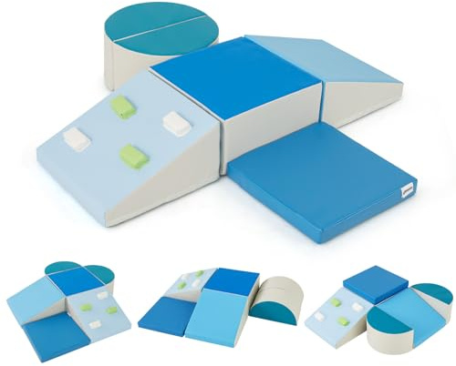 GOPLUS 6 PCS Parcours Motricité Bébé en Mousse EPE, Module Motricité Bébé Différentes Formes & Couleurs, Jouet Montessorri d'apprentissage pour 1 Ans+, pour Ramper/Grimper (Bleu)