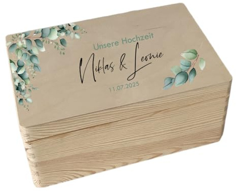 AWASG Erinnerungskiste Hochzeit aus Holz - Personalisiert mit Name - Aufbewahrungsbox Hochzeitsgeschenk Geschenkbox M (30x20x14 cm) Eukalyptus