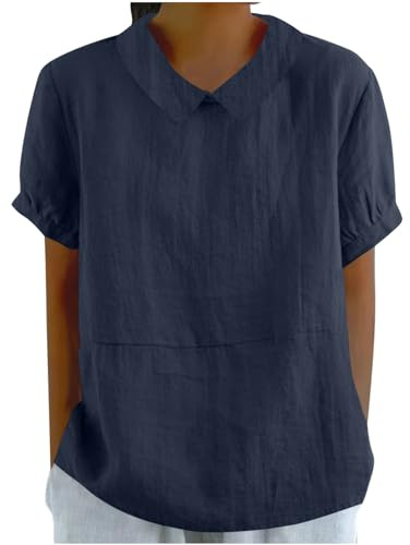 Lovraj Bluse Damen Neue Bubikragen Leinenbluse Kurzarm Musselin Blusenshirt Sommer Einfarbig Damenbluse Baumwolle Leinen Oberteile Locker Luftig Sommerbluse